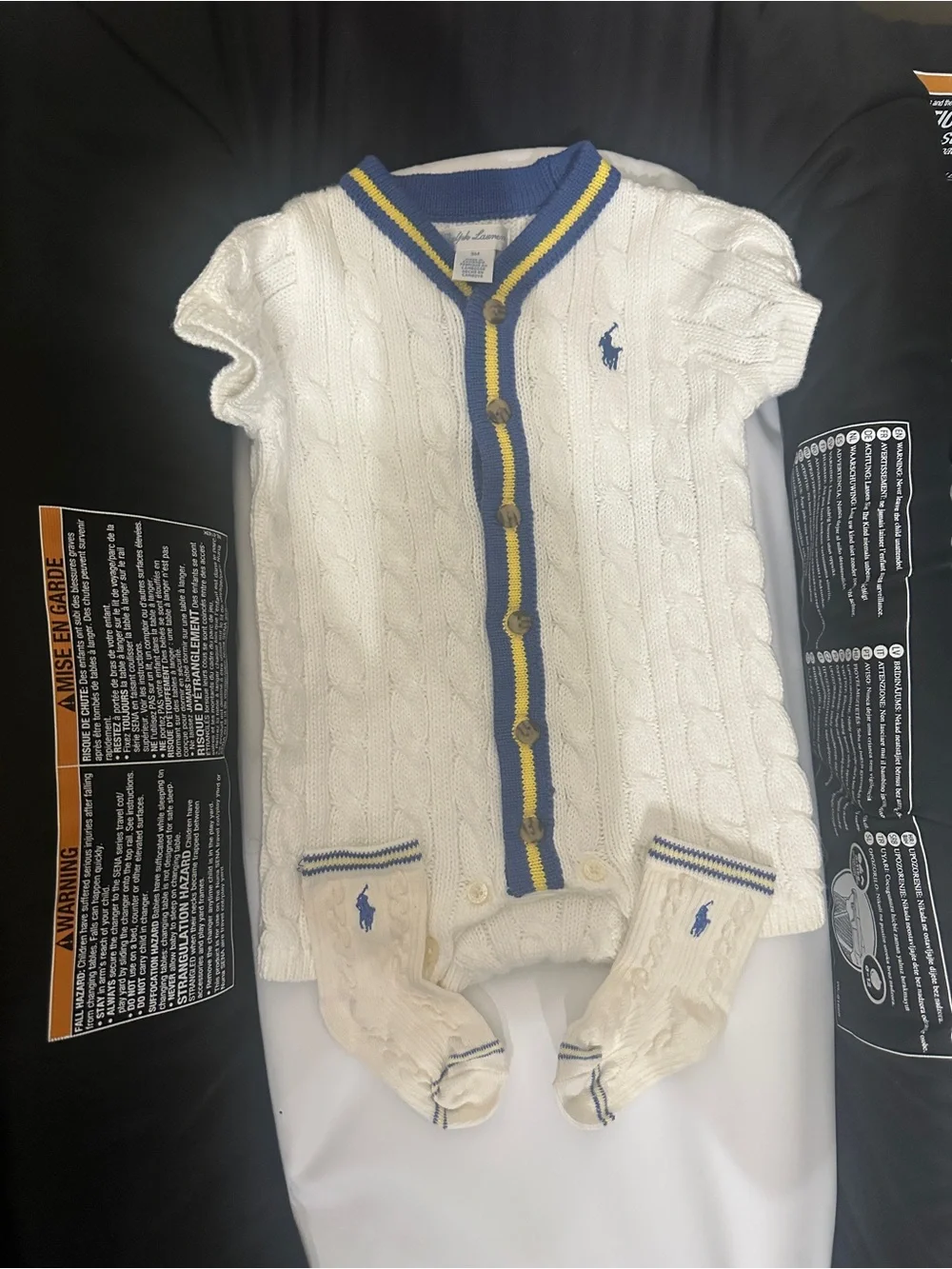 Ralph Lauren Cream Cable Knit Baby Romper with Blue & Yellow Trim (3 month)